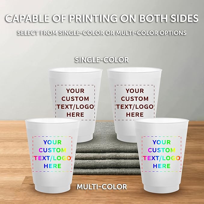 DISCOUNT PROMOS Custom Frosted Plastic Stadium Cups, 10 pack, Promotional Text, Logo, 16 oz. Shatterproof Flexible Reusable Party Cups, Natural