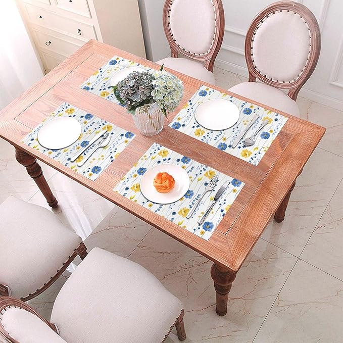Navy Blue Yellow Flower Placemats Set of 4 12"x18", Watercolor Floral Decorative Table Mats for Kitchen Dining Table Spring Summer Place Mats Heat Resistant Washable