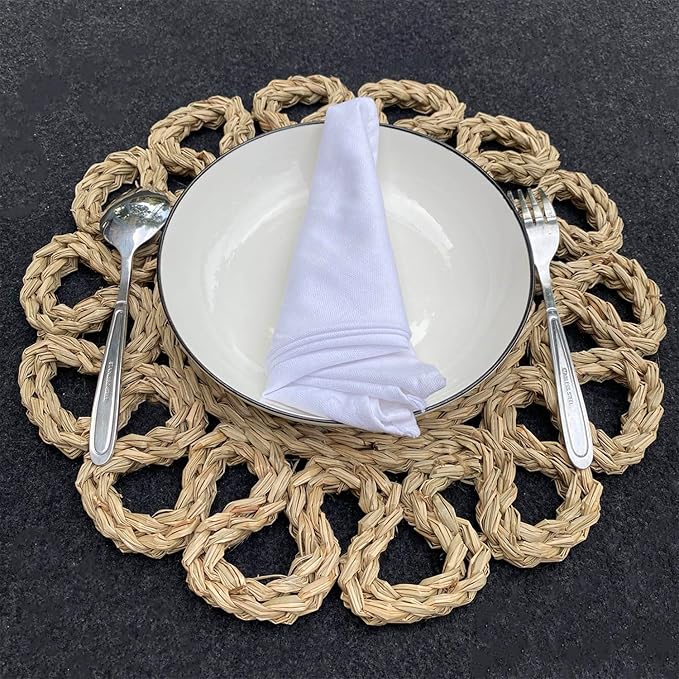 13.8" Set of 12 Round Seagrass Placemats | Boho Woven Rattan Table Mats | Farmhouse Wicker Spring Plate Chargers Like Water Hyacinth, Seagrass for Wedding, Party, Christmas, Events