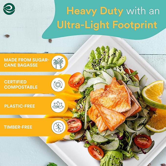 ECO SOUL 100% Compostable Square Paper Plates 10 Inch [200-Pack] Biodegradable Heavy Duty Eco-Friendly Disposable Plates for Dinner, Parties, Wedding & Event(White)