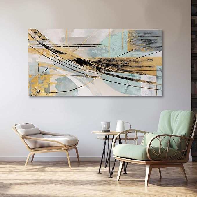 Abstract Wall Art Framed Wall Decor Modern Canvas Abstract Wall Art Black-Gold and Blue Grey Abstract Artwork for Living Room Bedroom Dining Room Home Office Decor 29"x58"