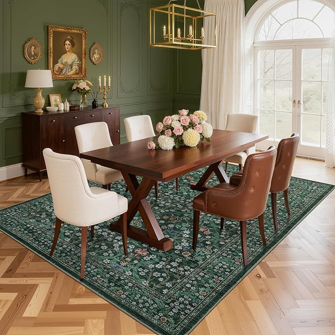 GarveeHome Washable Rug for Living Room, 8x10 Large Area Rug for Dining Room Under Table, Bedroom, Floral Soft Low Pile Non Slip Stain Resistant Carpet for Nursery, Playroom, Office, Dark Green