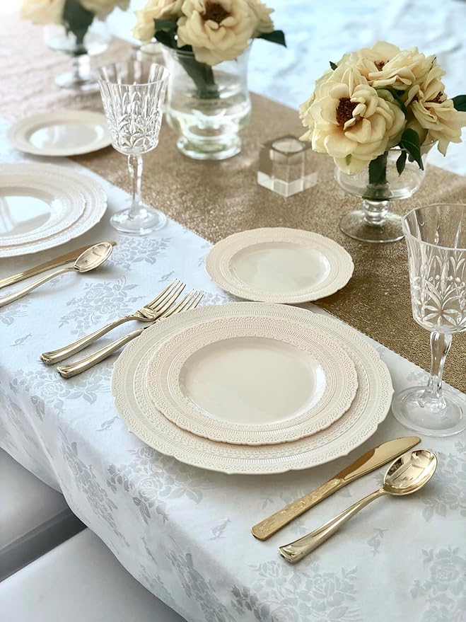 OCCASIONS 80 Plates Pack (40 Guests), Heavy Duty Fancy Ivory Plastic Wedding Plates, 40x11" Dinner + 40x8.25" Salad/Dessert, Disposable Reusable Elegant Vintage (Chateau Ivory)