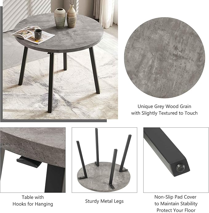 Kitchen Table and Chairs Set for 4, 37" Grey Round Dining Table with Hooks, Solid MDF Faux Wood Tabletop, Grey Velvet Dining Chairs Upholstered Side Chair with Back