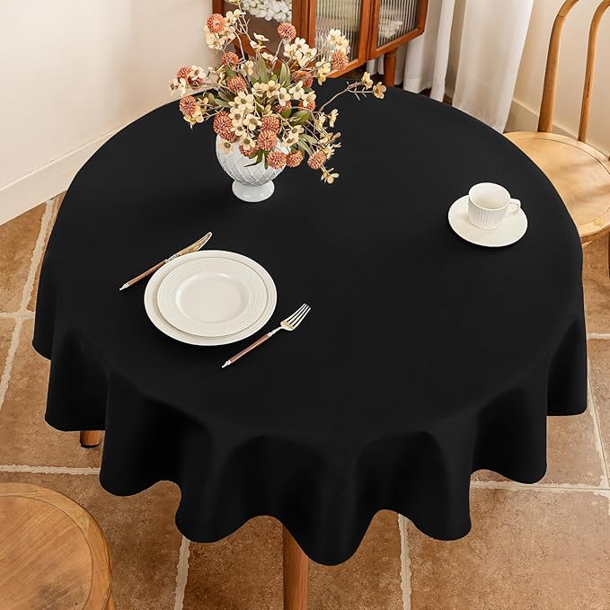 Textured 60 Inch Black Fabric Round Table Cloth, Faux Linen Water Resistant & Wipeable Circle Tablecloth, Washable for Dinning Kitchen Patio