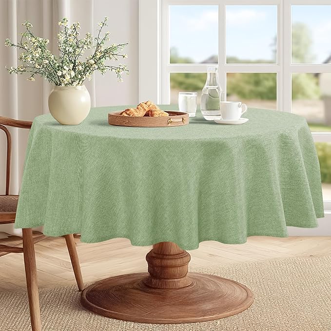 JIUZHEN Round Textured Table Cloth Linen Wrinkle Free Stain Resistant Farmhouse Decorative Circular Tablecloth for Kitchen, Dining, Party, Wedding, Outdoor Use (45 Inch Round,Sage Green)