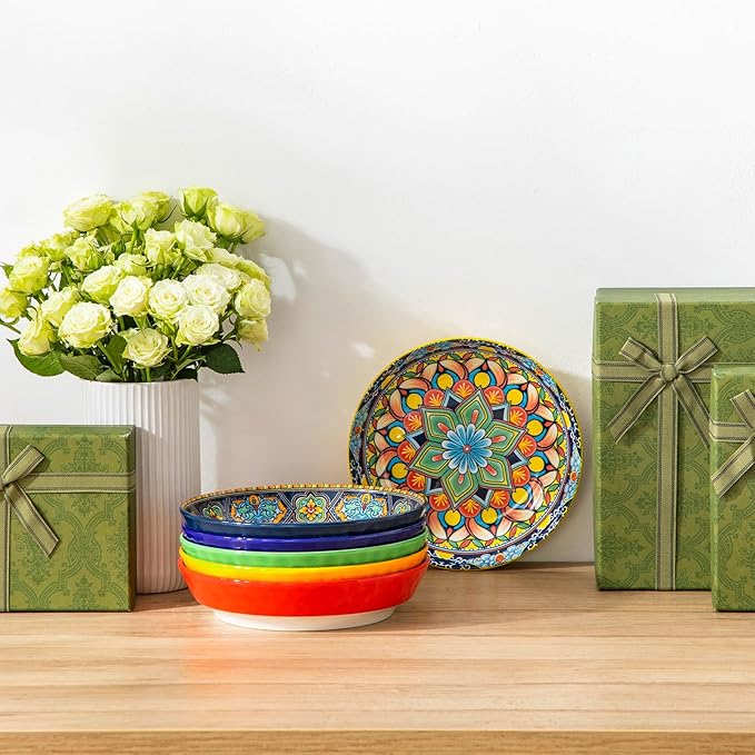 vancasso 32 Oz Pasta Bowls, Porcelain Large Colorful Salad Soup Bowls Set of 6, Dishwasher & Microwave Safe, Pasta Serving Bowls Plates for Kitchen, Dishwasher & Microwave Safe, Series KRVI