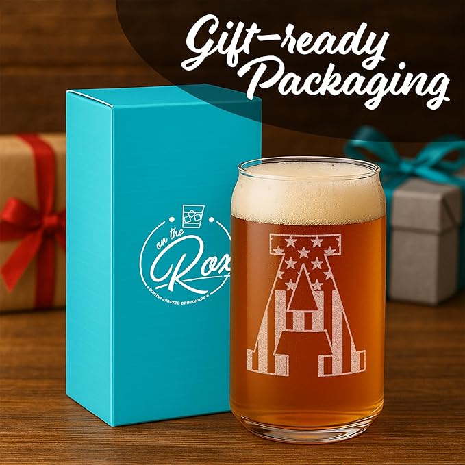 Monogram Beer Glasses for Men (A-Z) 16 oz - Beer Gifts for Men Brother Son Dad Neighbor - Unique Gifts for Him - Personalized Drinking Gift Beer Glass Mugs - Engraved Beer Can Glass (A)