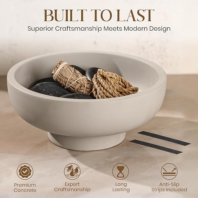 Handmade Concrete Bowl - 10x5x4.25 Inch Decorative Centerpiece Bowl for Fruits, Coffee Table, Kitchen Counter, Entryway or Shelf - Modern Minimalistic Decor (Light Gray)