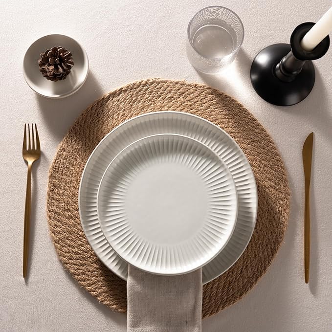 Famiware Starlight Plates and Bowls Dishes Set of 6 (18 Pieces), Ribbed Textured Stoneware Dinnerware Sets- Dishwasher & Microwave Safe, Chip Resistant, Matte Reactive White