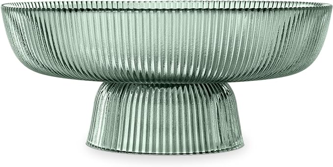 Navaris Glass Fruit Bowl - Decorative Fluted Colored Table Centerpiece Dish - 10.2" Diameter Green Tinted Bowl for Snacks and Candy