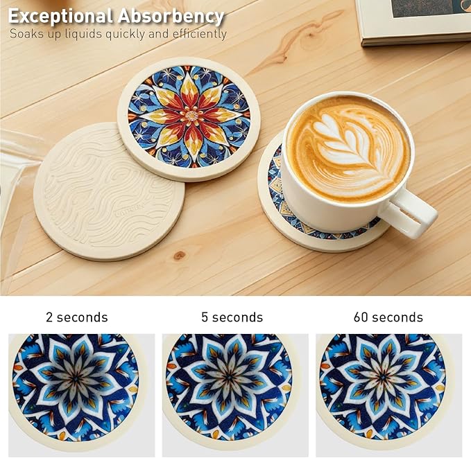 Mandala Non-Slip Silicone Coasters, 4-Pack Double-Sided Absorbent Cup Mats for Hot & Cold Drinks, Scratch & Water Ring Protection for Wood Tables, Home Office Bar Use (4PC Wanda La)