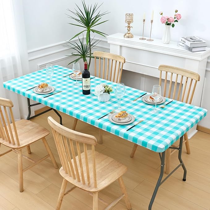 Smiry Rectangle Picnic Table Cloth, Elastic Waterproof Fitted Vinyl Tablecloths, Flannel Backed Buffalo Plaid Table Covers for Dining, Camping, Outdoor (White and Teal, 24" x 48")