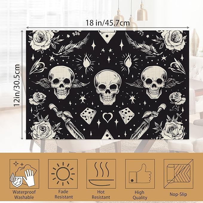 Skull Head Placemats Set of 6,Rose Table Mates Non-Slip Heat Resistant Washable Linen Place Mats for Party Kitchen Dining Decoration Indoor Outdoor 12"x18"