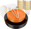 MirthMood 210PCS black and orange Plastic Plates,Black Disposable Plates –Plastic Plates Set Includes 30 Dinner,30 Dessert Plate,30 Cup&30 Napkins, 30 Gold Silverware for Wedding& Thanksgiving