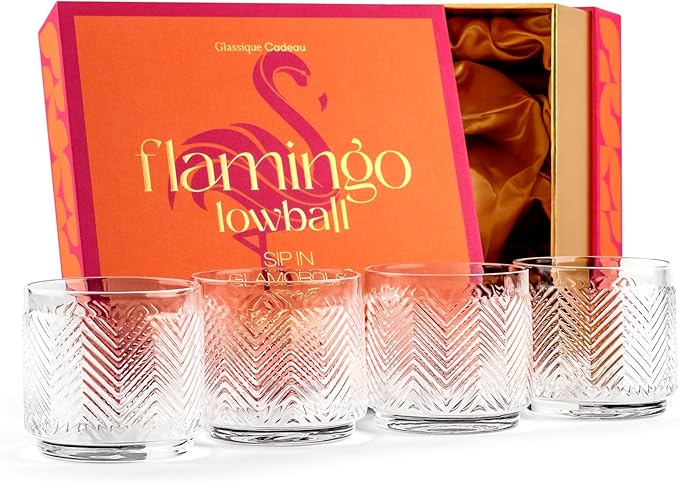 Vintage Flamingo Lowball Cocktail Glasses for Drinking Gin, Rum, Vodka, Whiskey Bar Drinks | Set of 4 | 11 oz Stackable Thick Crystal Short Tumblers | Tropical Glassware Collection