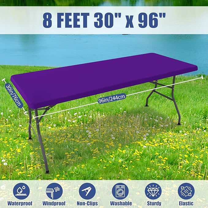 Spandex 8 Foot Rectangle Table Cloth 2 Pack, Elastic Fitted Tablecloths for Picnic, Stretch Washable Patio Table Cover for Outdoor, Camping, Banquet and Parties (Purple, 30"x96")