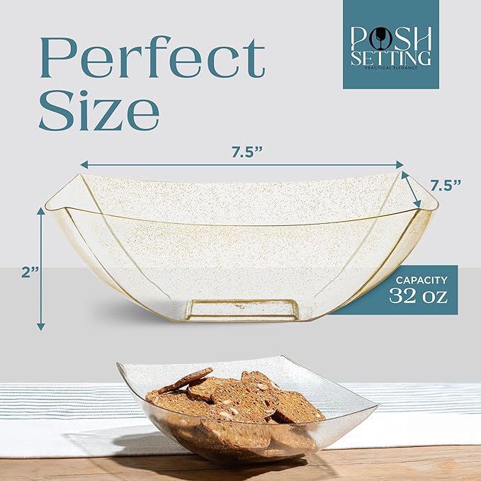 Posh Setting - Gold Glitter Plastic Serving Bowls for Party (32oz - 4 Pack) Square, Disposable, Candy Containers for Candy Buffet