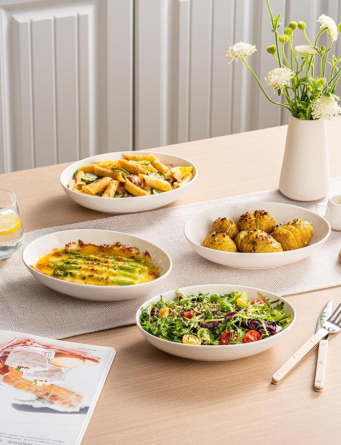 8.6" Oval Serving Bowls, 24 oz Small Oval Bowl for food, Side Dishes, Salad, Pasta, Snacks, Fruit, White Ceramic Serving Dish, Set of 4
