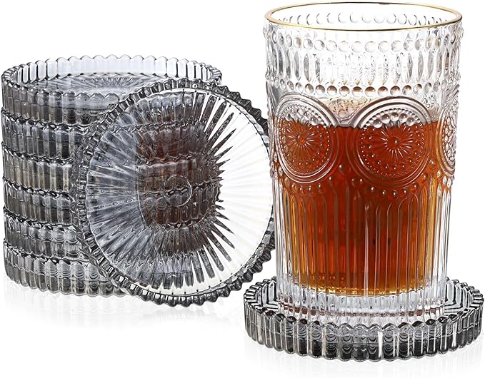 JUXYES 8 Pack Clear Black Crystal Coasters Round Cup Mat, Glass Coasters for Drinks Coffee Tea Wine, Decorative Wine Bottle Coaster, Crystal Drink Coasters for Restaurant bar Kitchen Dining Table