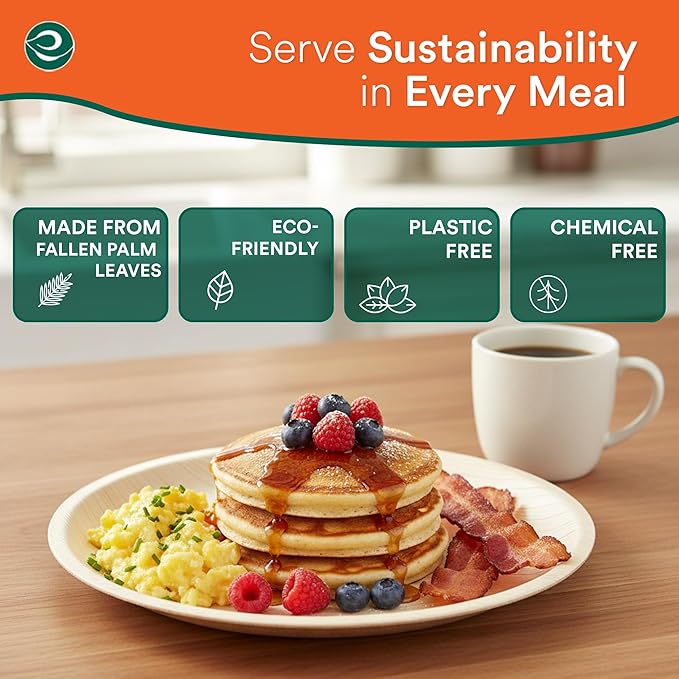 ECO SOUL Palm Leaf Disposable Bamboo Plates 10" Round Compostable & Biodegradable Party Plates for Dinner, Weddings, Parties & Events 50 Count