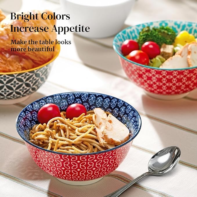 DOWAN Soup Bowls Set of 6, Cereal Bowls for Kitchen, 23 OZ Large Ceramic Bowl, Colorful Vibrant Patterned Porcelain Bowls for Kitchen Decor and Housewarming Gift, Dishwasher and Microwave Safe