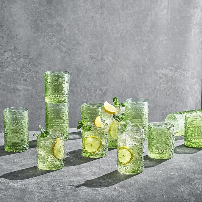 Khen Hobnail Beaded Highball Drinking Tumbler Glasses | Set of 12 | Color, Vintage Bubble Design Whiskey Glassware, Old-Fashioned, Embossed Design for Water Wine, Cocktail Embossed Heavy Glass (Green)