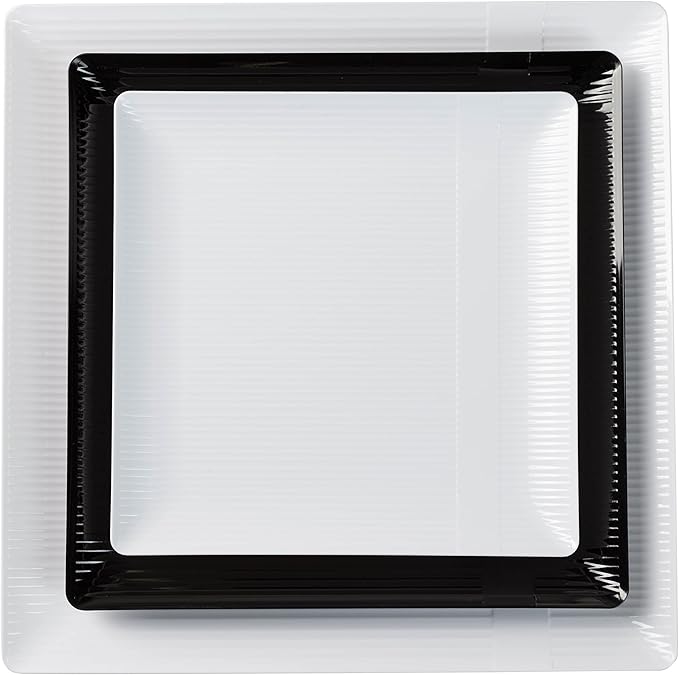 Exquisite Disposable-White-Plastic-Plates-Square Linear (40 Pack) Wedding Dinner Fancy Tableware Dishes (7.5 Inch., White) Single Size Set