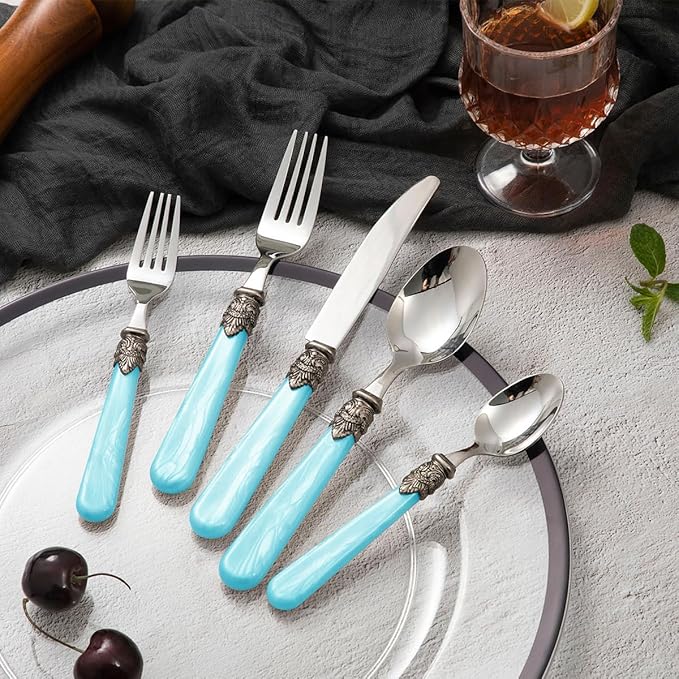 20 pieces 18/10 Stainless Steel Silverware Sets With Blue Handle,Vintage Cutlery Sets,Sliverware set Service for 4,Dishware Safe (20, Blue)