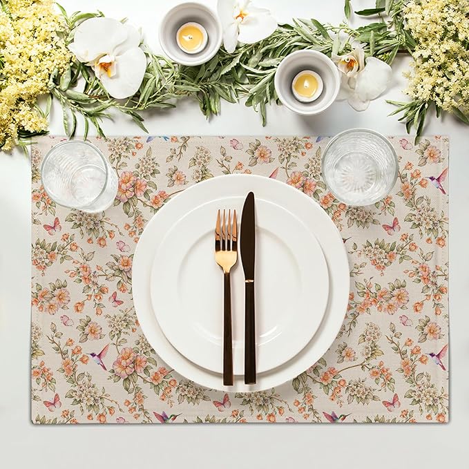 Floral Birds Placemats - Spring Summer Place Mat Set of 4 Hummingbird Butterfly Tablemats 12x18 for Party Kitchen Dining