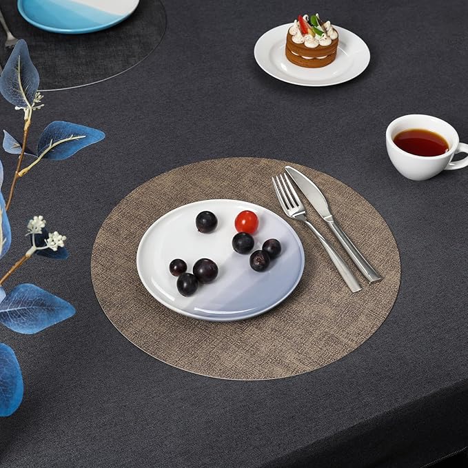 Myir JUN Round Placemats, Dual Sided Faux Leather Place Mats Set of 6 Indoor/Outdoor Non-Slip Washable Table Mats (Gray Brown, Set of 6)