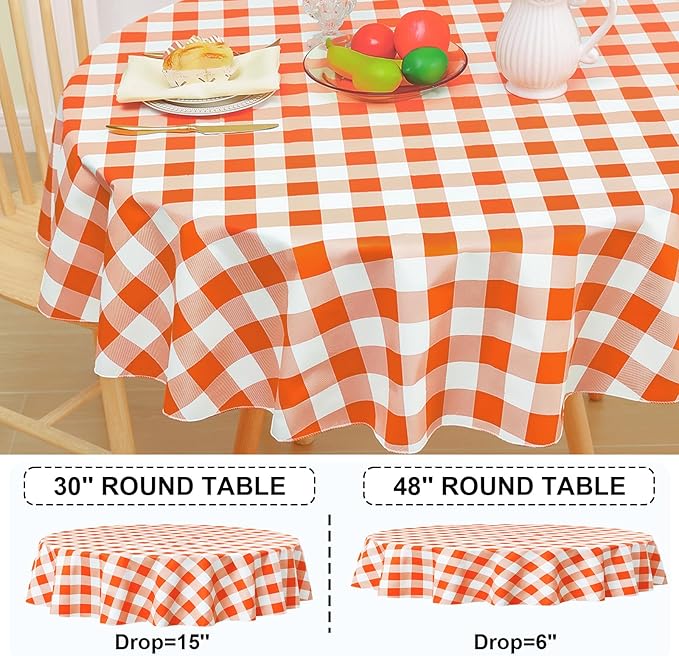 misaya Round Waterproof Vinyl Table Cloth, Buffalo Flannel Backed Tablecloth, Wipeable Plastic Table Cover for Dinner, Kitchen, Picnic (60", Orange and White)