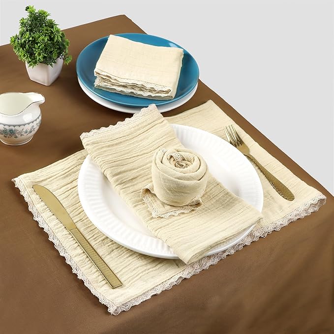 FINGERCRAFT Dinner Cloth Napkin Cotton Muslin Double Gauze 4 Pack with Classic Lace for Everyday Use, Wedding, Party, Christmas, Easter Napkins Cloth are Pre Shrunk and Good Absorbency Beige
