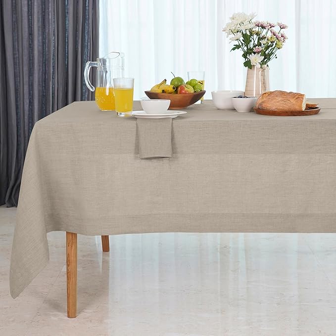 D'Moksha Homes Natural Linen Tablecloth 60 x 84 Inch - 100% Pure Linen Table Cloth for Rectangle Tables - Machine Washable Tablecloth for Valentines, Spring, Easter