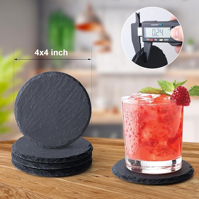 Slate Coasters Set of 60,4-Inch Black Round Stone Drink Coasters with Scratch-Resistant Backing, Durable Tabletop Protection for Home Office Kitchen, Ideal Housewarming Wedding Gifts