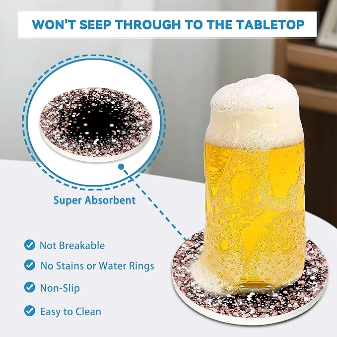 Drinks Coasters Set of 4, Sparkling Rose Gold Glitter Round 4" Cup Coasters, Absorbent Ceramic Stone Coasters with Cork Base, Cute Coasters for Table Home Décor, Ideal Gifts for Women Men