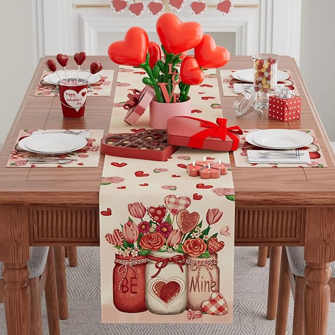 XCHI Roses Flowers Love Hearts Vase Valentine’s Day Table Runner Table Decoration for Party Home Kitchen Dining Dinner Holiday Decor 13x108 Inch