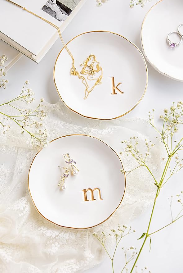 COLLECTIVE HOME - Ceramic Jewelry Tray, Decorative Trinket Dish for Rings Earrings Necklaces Bracelet Watch Keys, Birthday Mother's Day Christmas Gift for Women, 4.75", White Surface (J)