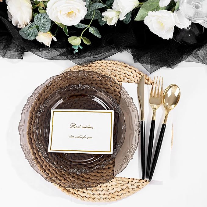 U-QE 100PCS Clear Black Plastic Plates - Heavy Duty Black Disposable Plates Including 50PCS 10'' Dinner & 50PCS 7.5'' Dessert Plates - Hard Plastic Platos for Party & Wedding & Bridal Shower