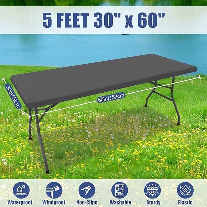 Spandex 5 Foot Rectangle Table Cloth 2 Pack, Elastic Fitted Tablecloths for Picnic, Stretch Washable Patio Table Cover for Outdoor, Camping, Banquet and Parties (Dark Grey, 30"x60")