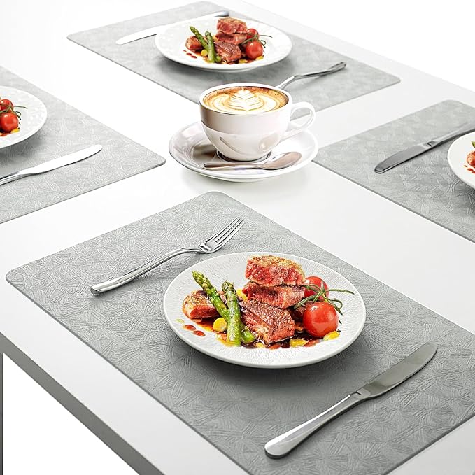 Vinyl Placemats Set of 6 Faux Leather 100% Waterproof Wipeable Washable Place Mats Heat Resistant Easy Clean Non-Slip Table Mats for Indoor Outdoor. (6, Light Gray)