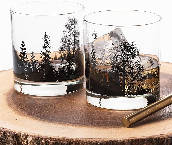 Black Lantern Whiskey Glass Set – Forest Landscape Old Fashioned Tumblers for Bourbon, Scotch & Cocktails – Nature Inspired 11oz Rocks Glasses for Home Bar & Gifts (Set of 2)