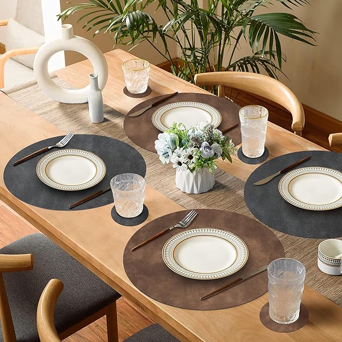 Round Placemats and Coasters Set of 4, Washable Reversible Faux Leather Placemats Cowhide Pattern Place Mats Wipeable Non-Slip 15 inch Round Kitchen Dining Table Mats (Gray Light Coffee, 4)