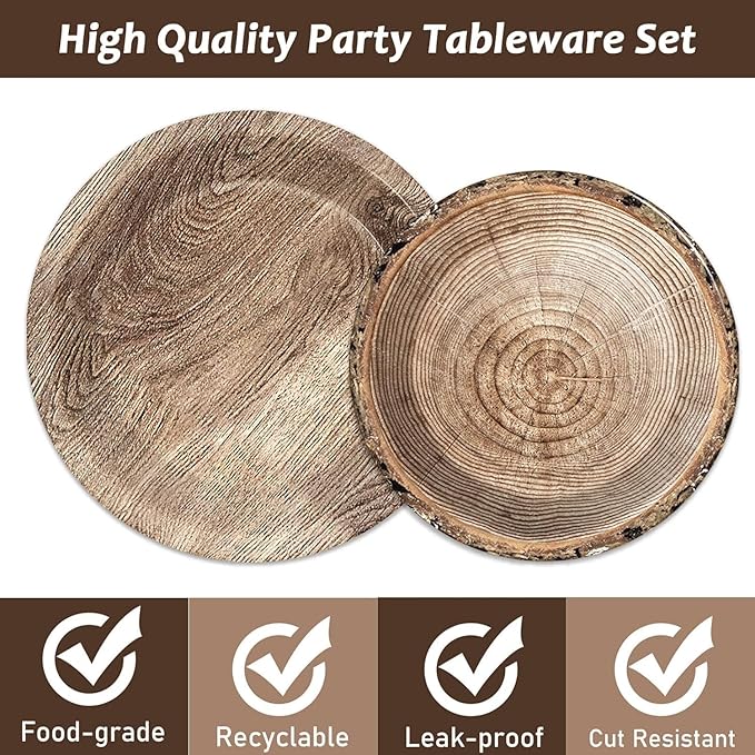 200Pcs Rustic Wooden Tree Party Supplies Paper Plates Napkins Lumberjack Camping Hunting Theme Birthday Party Decorations for Kids Hunting Serves 50