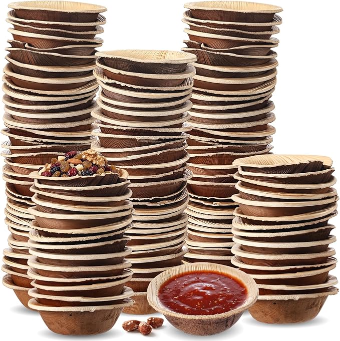 200 Pcs Small Palm Leaf Dip Bowls 2.5 Inch Disposable Palm Leaf Round Mini Dip Bowl, All Natural and Compostable Small Bamboo Plates for Dips Soy Sauce Charcuterie Board and Finger Foods