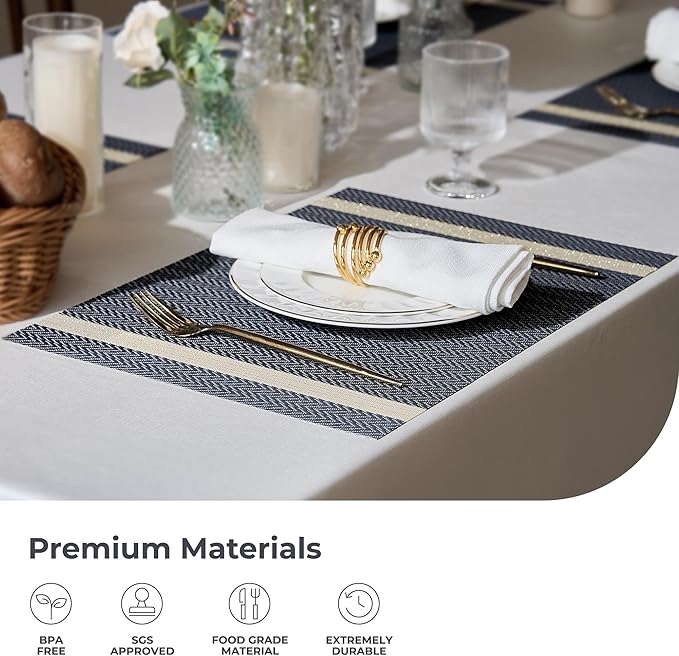 Leetaltree Luxury Dark Blue Placemats with Gold Stripes Placemats Set of 4 - Waterproof Washable for Wedding, Anniversary, Daily Use - Sparkling Table Decor - Hand-Cut