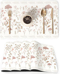 QIYI Placemats Set of 6, 12x18 Inch Faux Leather Place Mats for Kitchen Dinning, Heat Resistant Anti Slip Floral Table Mats, Waterproof Wipeable Washable Placemat Party Beige Table Décor, Pink Flowers