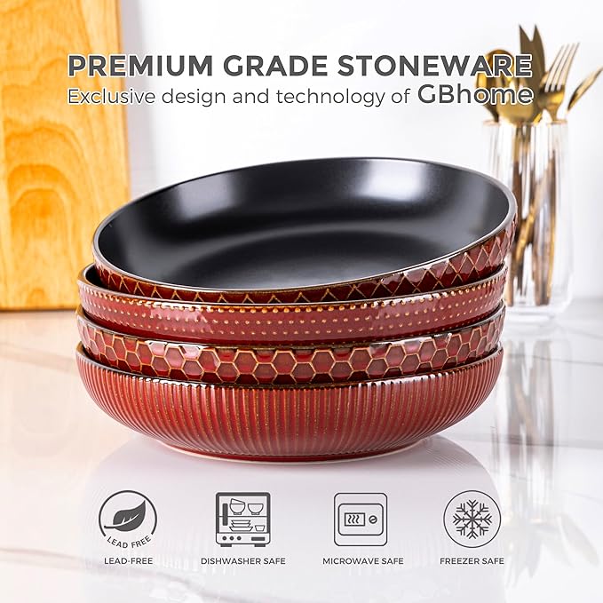GBHOME 8.5'' Large Pasta Bowls, 36 Ounce Stoneware Salad Bowls for Kitchen, Ceramic Serving Bowls With Textured Pattern for Pasta,Fruit, Stews,Noodle, House-warming Gift, Set of 4-Rythmic Red