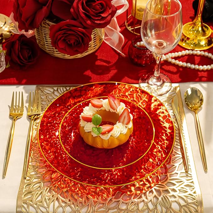 Rubtlamp 60 Pcs Red Plasitc Plates, Gold Red Disposable Plates, Fancy Party Plates, Hammered Plastic plates Include 30 Dessert Platos, 30 Dinner Platos for Party