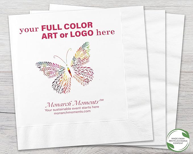 B.E. Green Custom Dinner Napkins - Personalized Recycled Paper Content Napkins - Eco-friendly & Full-Color Digital Printed - Weddings, Events & Celebrations - Pack of 50 - Coin Edge Embossed, 8"x 8"